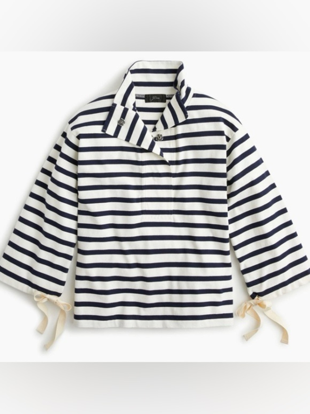 J. Crew Navy & White Striped Funnel Collar Sweatshirt with Sleeve Bows - Picture 4 of 9